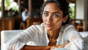 Woman studying laptop screen, receiving comprehensive 3-in-1 Enneagram Matrix Test results, revealing Type, Wing, and Triad for personalized AI-assisted coaching setup