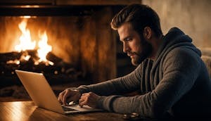 Woman studying laptop screen, receiving comprehensive 3-in-1 Enneagram Matrix Test results, revealing Type, Wing, and Triad for personalized AI-assisted coaching setup