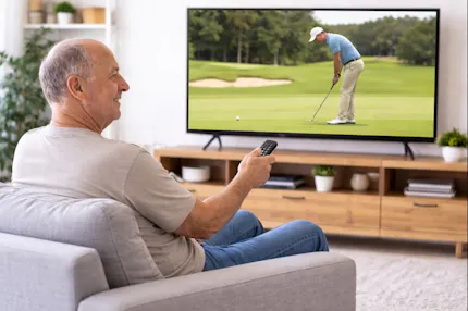 Older man using a Smart TV after getting help setting up streaming services at home