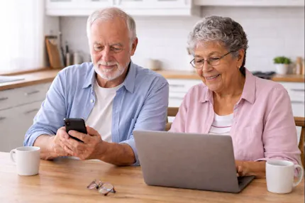 Older couple using a laptop and phone confidently after in-home technology help