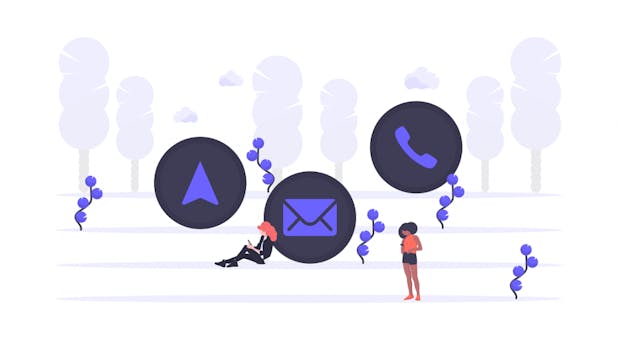 Colorful Symbols of a Blue Arrow on a Dark Blue Oval, a Blue Envelope on a Dark Oval, and a Blue Telephone Receiver on a Dark Oval