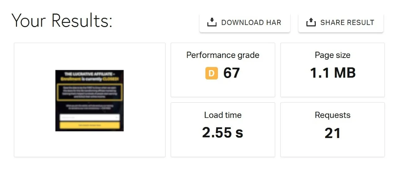 Speed test result before