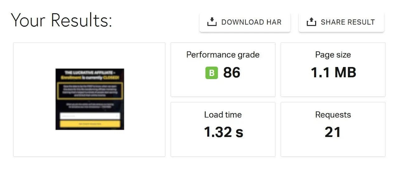 Speed test result after