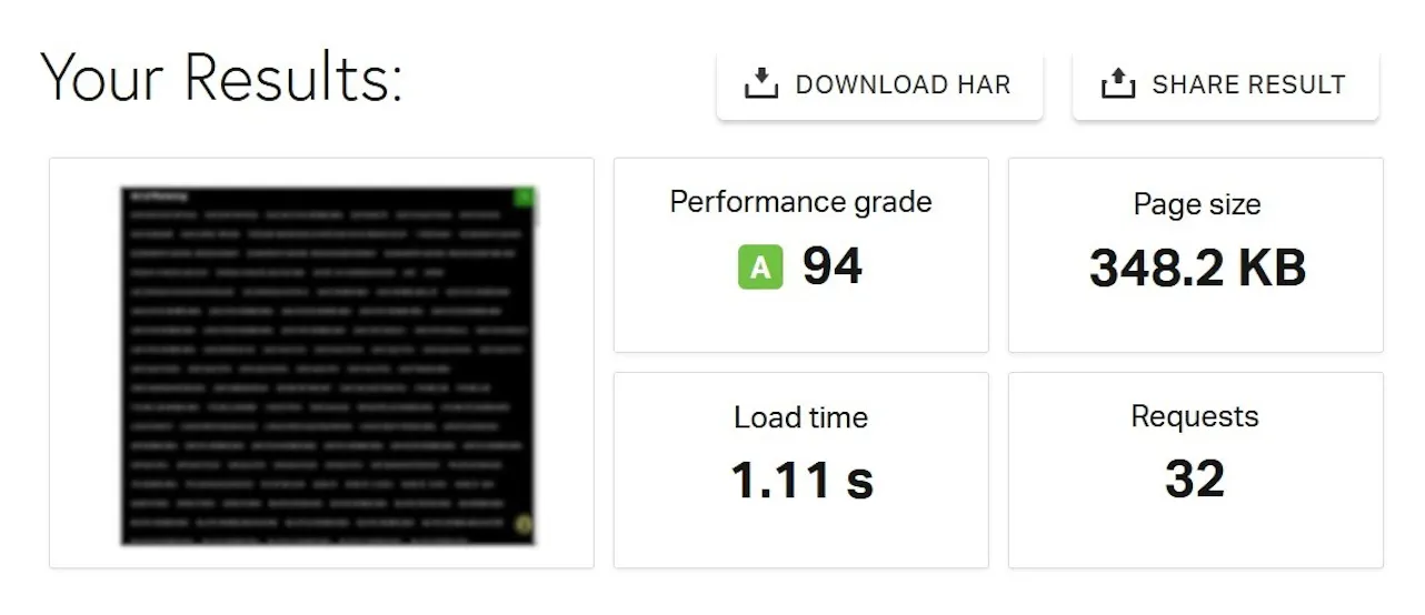 Speed test result after