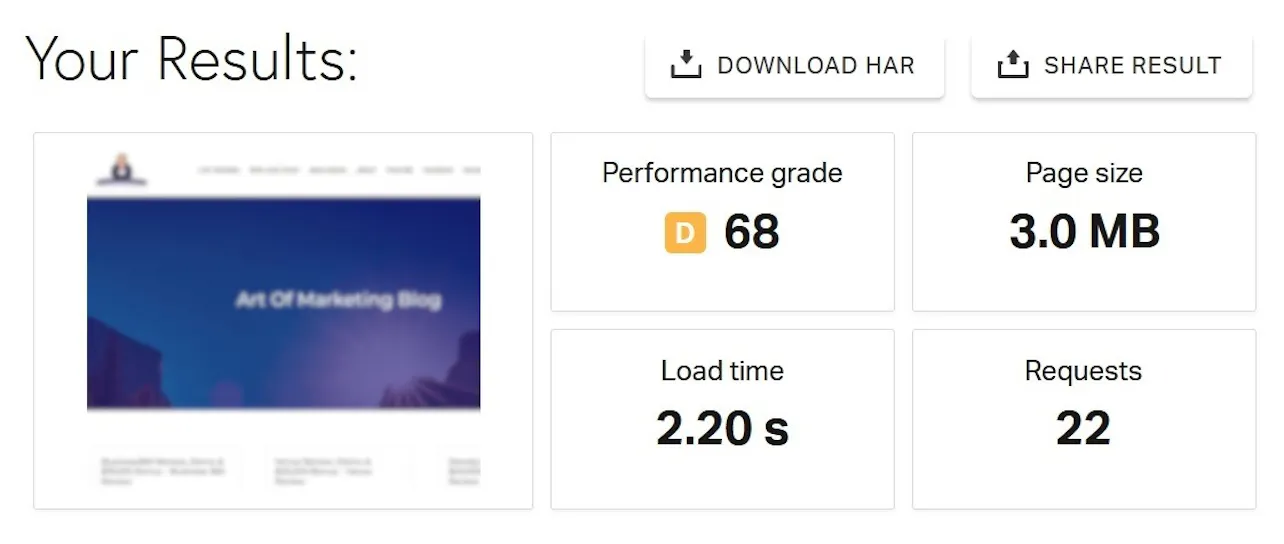 Speed test result before