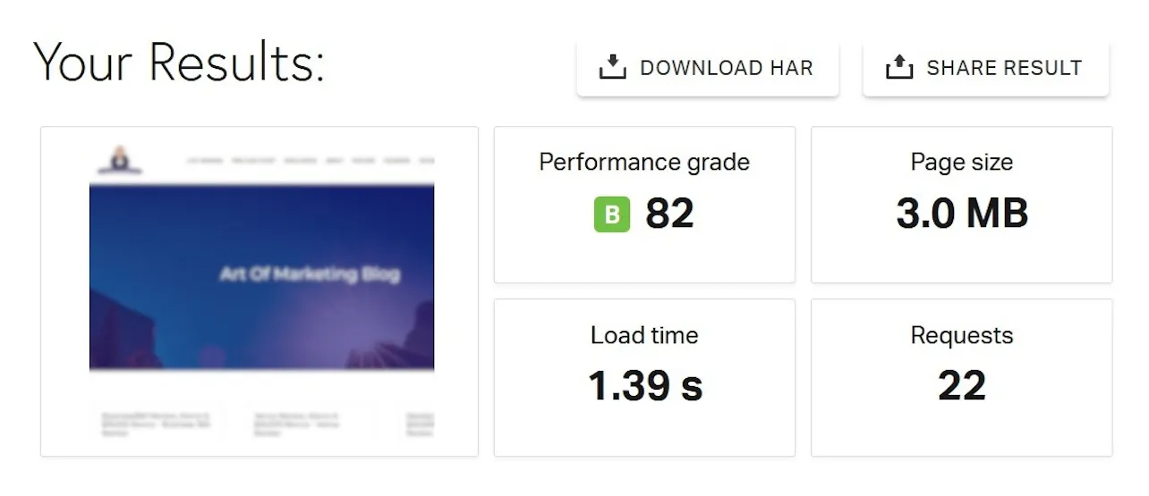 Speed test result after