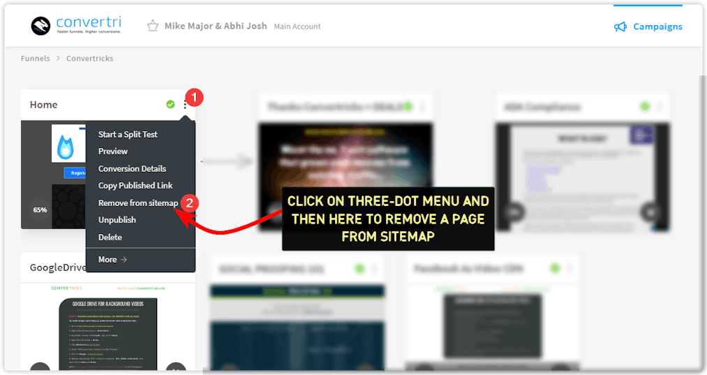 remove page from convertri sitemap