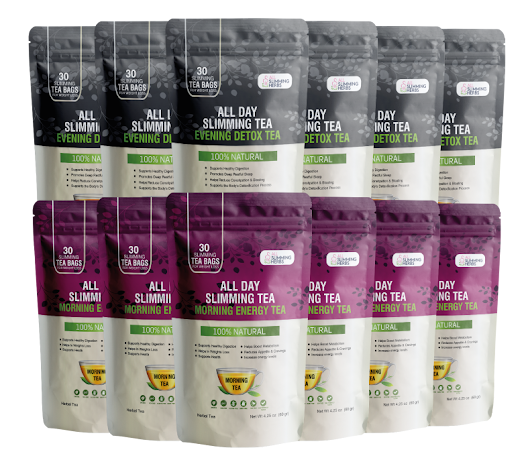 All Day Slimming Tea product bottles — morning energy tea and evening detox tea