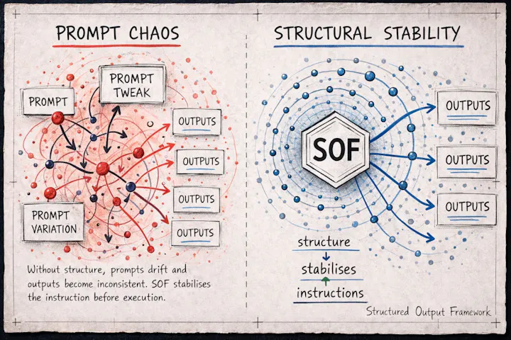 Diagram showing chaotic prompt experimentation compared with a structured AI framework that produces stable outputs.
