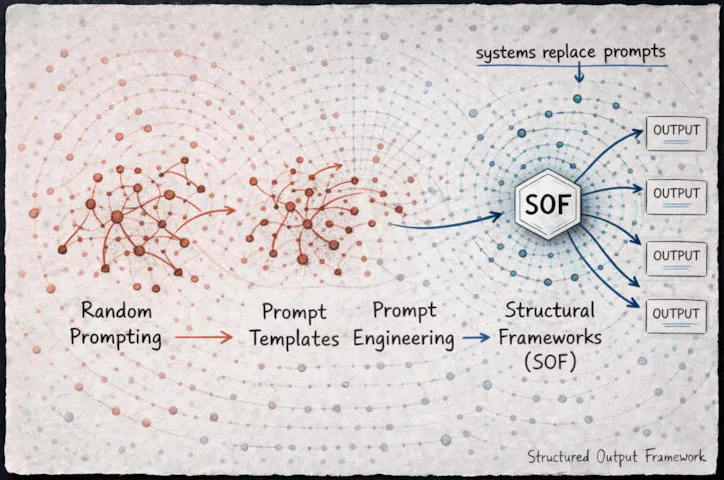 Maturity progression diagram illustrating the evolution of AI use from random prompting to structured AI frameworks.