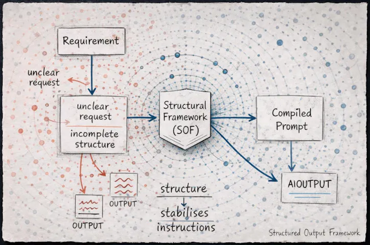 Workflow diagram showing how a requirement passes through the Structured Output Framework before becoming a stable AI prompt and output.