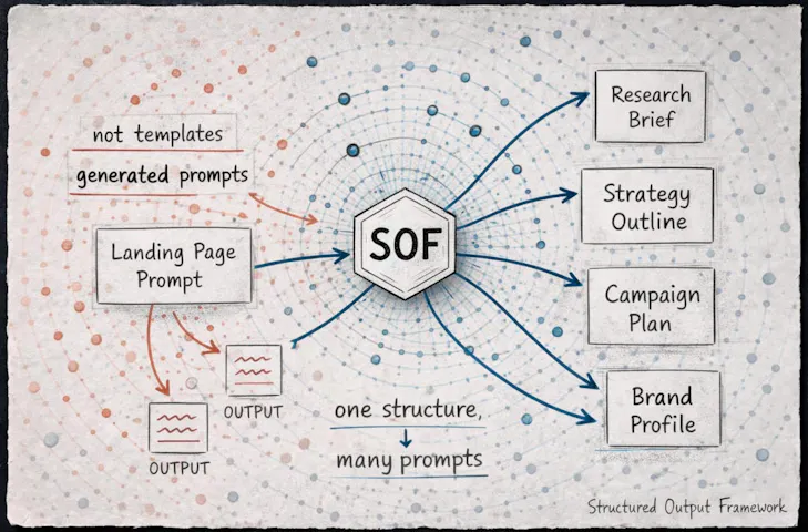 Diagram showing a central AI framework generating multiple prompt types such as landing pages, email sequences and research briefs.