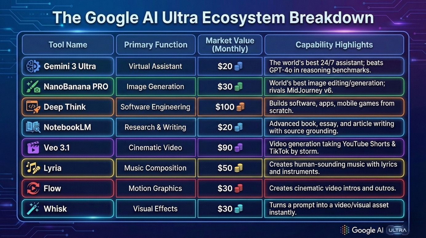 Google AI Ultra ecosystem breakdown graphic