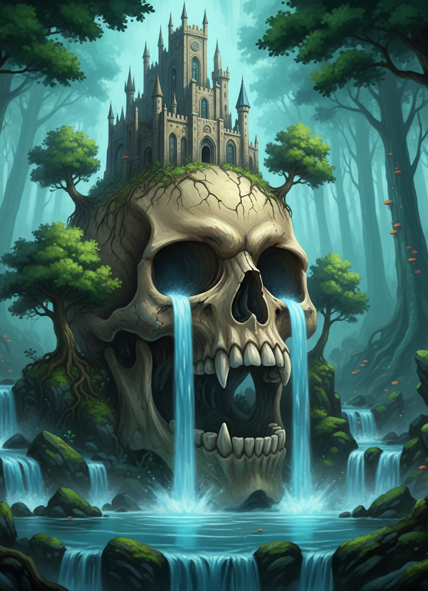 Fantasy skull waterfall and castle shown as an AI image example
