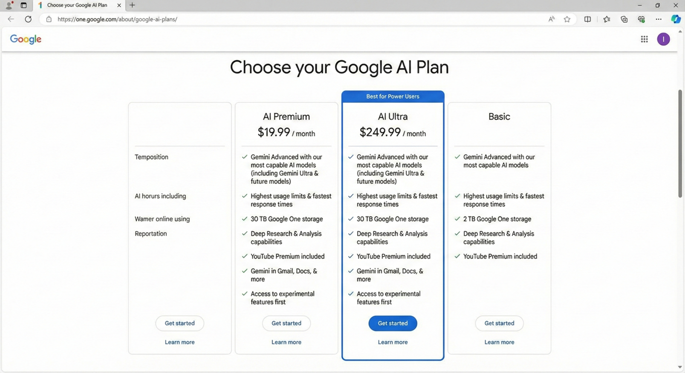 Google AI plan comparison screenshot