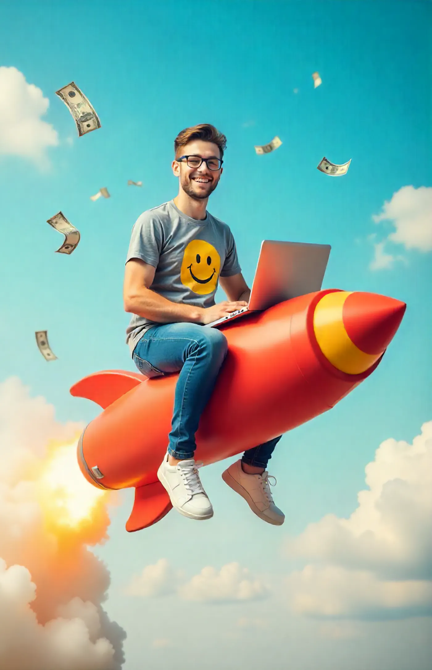 Marketing-style visual of a man riding a red rocket