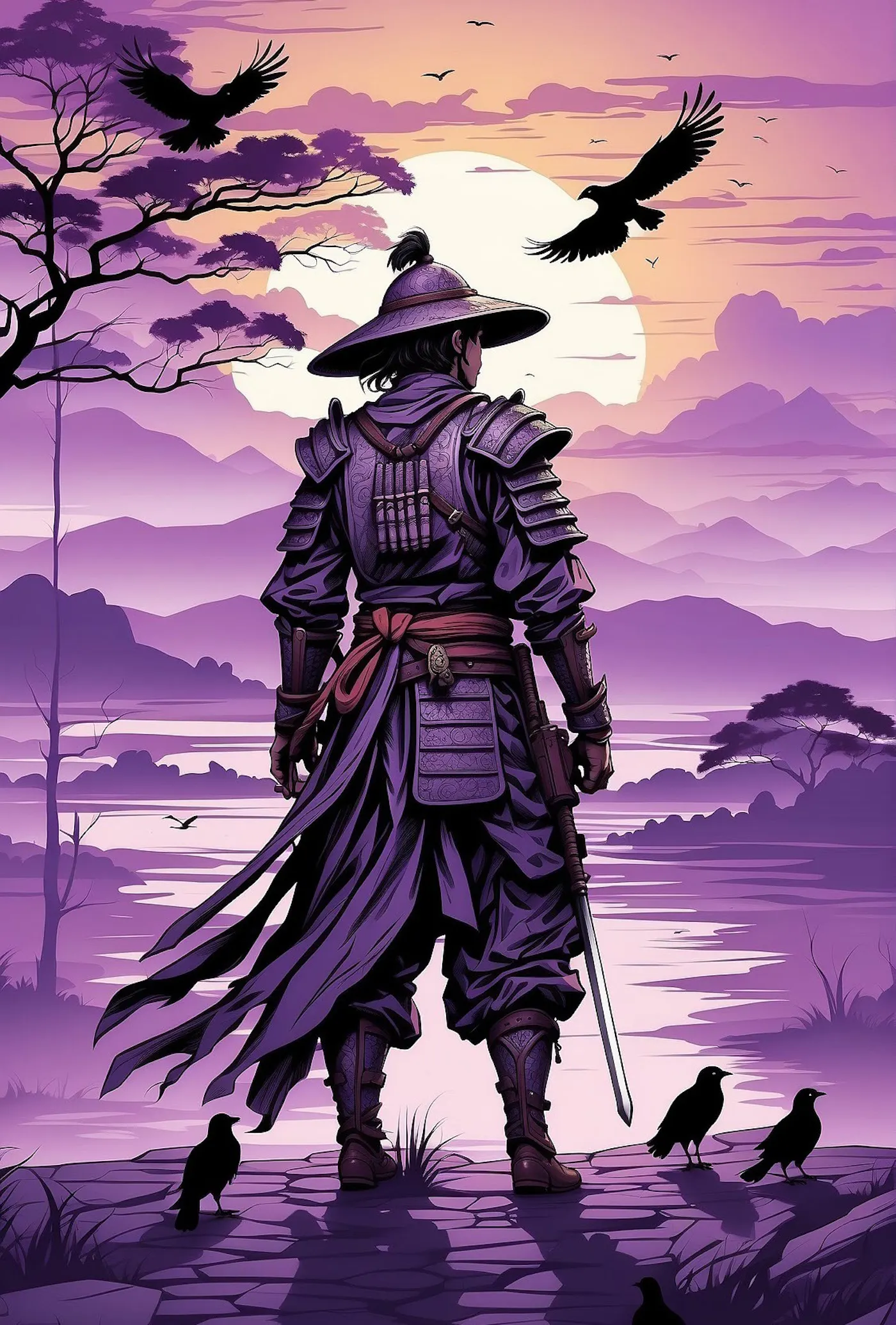 Purple fantasy warrior artwork shown as an AI image example