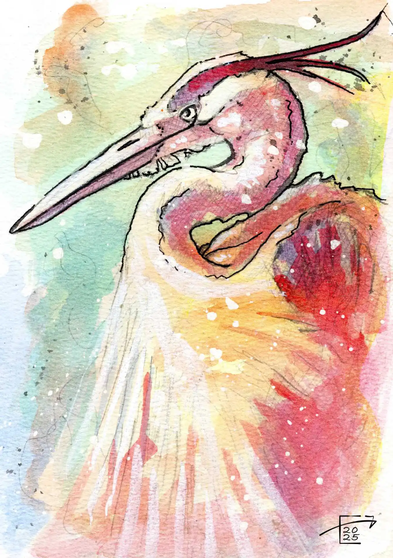 Watercolour #1 Series 21092025 — Shows the painting by Jamie C. Goodwin of a heron elegantly looking into the sun done in an abstract illustrative style.
