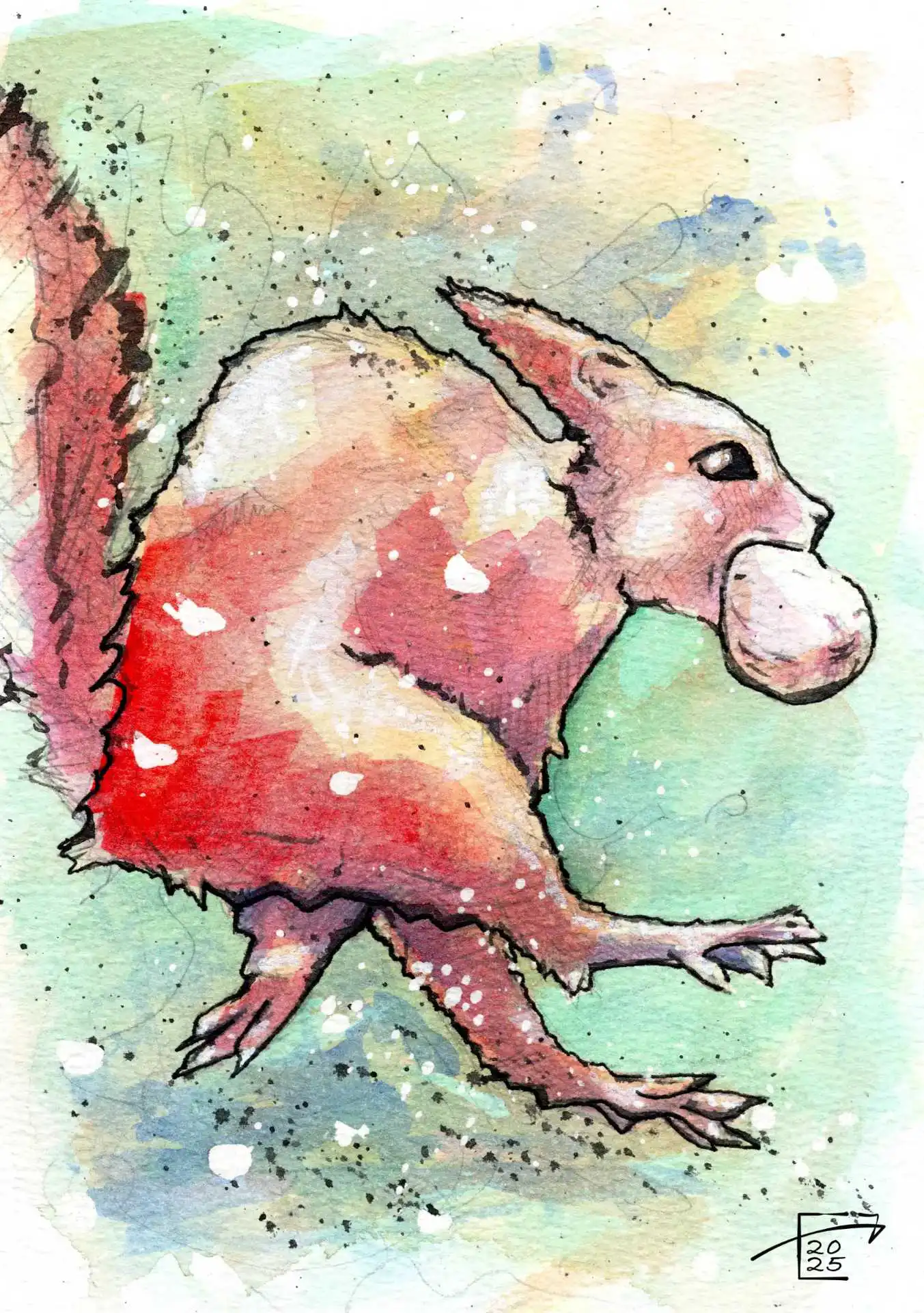 Watercolour #2 Series 21092025 — Shows the painting by Jamie C. Goodwin of a red squirrel running fast with a wallnut in his mouth done in an abstract illustrative style.