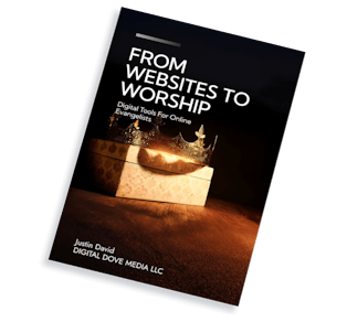 Ebook cover titled 'From Websites to Worship: Digital Tools for Online Evangelists,' featuring a golden crown resting on a glowing box against a dark background.
