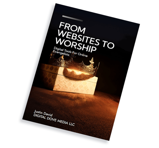 Ebook cover titled 'From Websites to Worship: Digital Tools for Online Evangelists,' featuring a golden crown resting on a glowing box against a dark background.