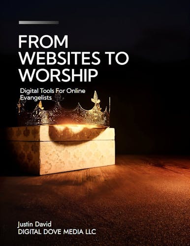 Ebook cover titled 'From Websites to Worship: Digital Tools for Online Evangelists,' featuring a golden crown resting on a glowing box against a dark background.