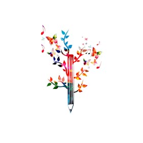 Artistic pencil blooming into colorful leaves, symbolizing creative Christian copywriting.
