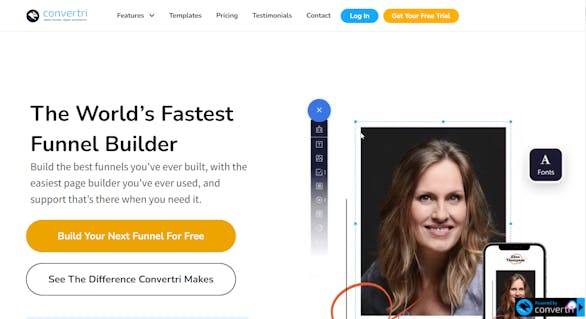 Convertri homepage showcasing its easy-to-use funnel builder and free trial offer. This platform helps online evangelists and ministries build optimized, professional websites quickly and effectively. Start building your ministry's online presence today.