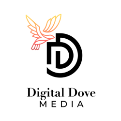 Logo of Digital Dove Media LLC, featuring a stylized icon of a flaming dove, representing the Holy Spirit, soaring above two entwined white letter D's. The dove and D's together create a distinctive symbol, with the text 'Digital Dove Media' positioned below. This logo represents our identity as a Christian marketing agency dedicated to assisting shepherds in the Body of Christ in enhancing their online ministries.