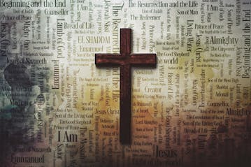 Wooden cross with a background of Christian words like 'faith,' 'hope,' and 'I Am.' A powerful symbol of overcoming challenges through the blood of the Lamb, as referenced in Revelation 12:11.