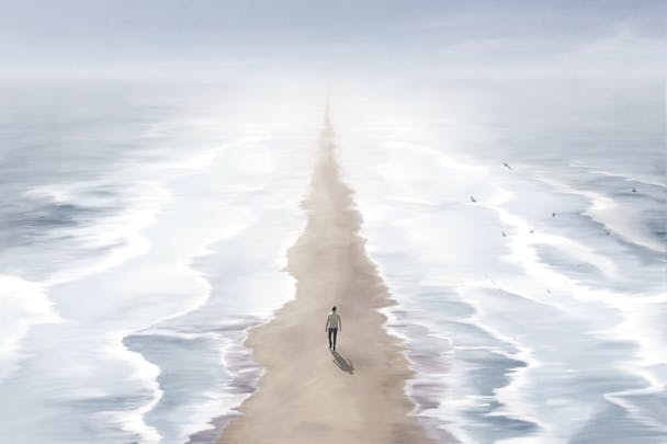 Person walking through the parted sea on a narrow path, symbolizing the Israelites' journey from bondage to freedom, and the calling to step into a new beginning through faith.