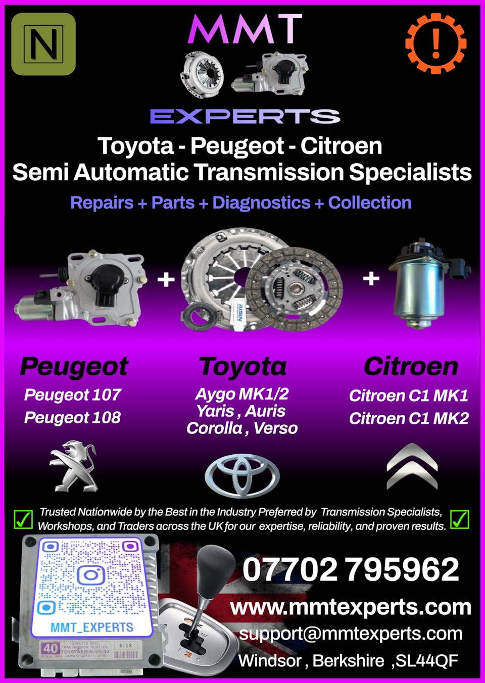 Front side of MMT Experts flyer showcasing services for Toyota, Peugeot, and Citroën semi-automatic transmissions. Includes repairs, parts, diagnostics, and collection services for vehicles like Aygo, Yaris, Corolla, Verso, Peugeot 107/108, and Citroën C1. Contact details, warranty-backed services, and expertise are highlighted.