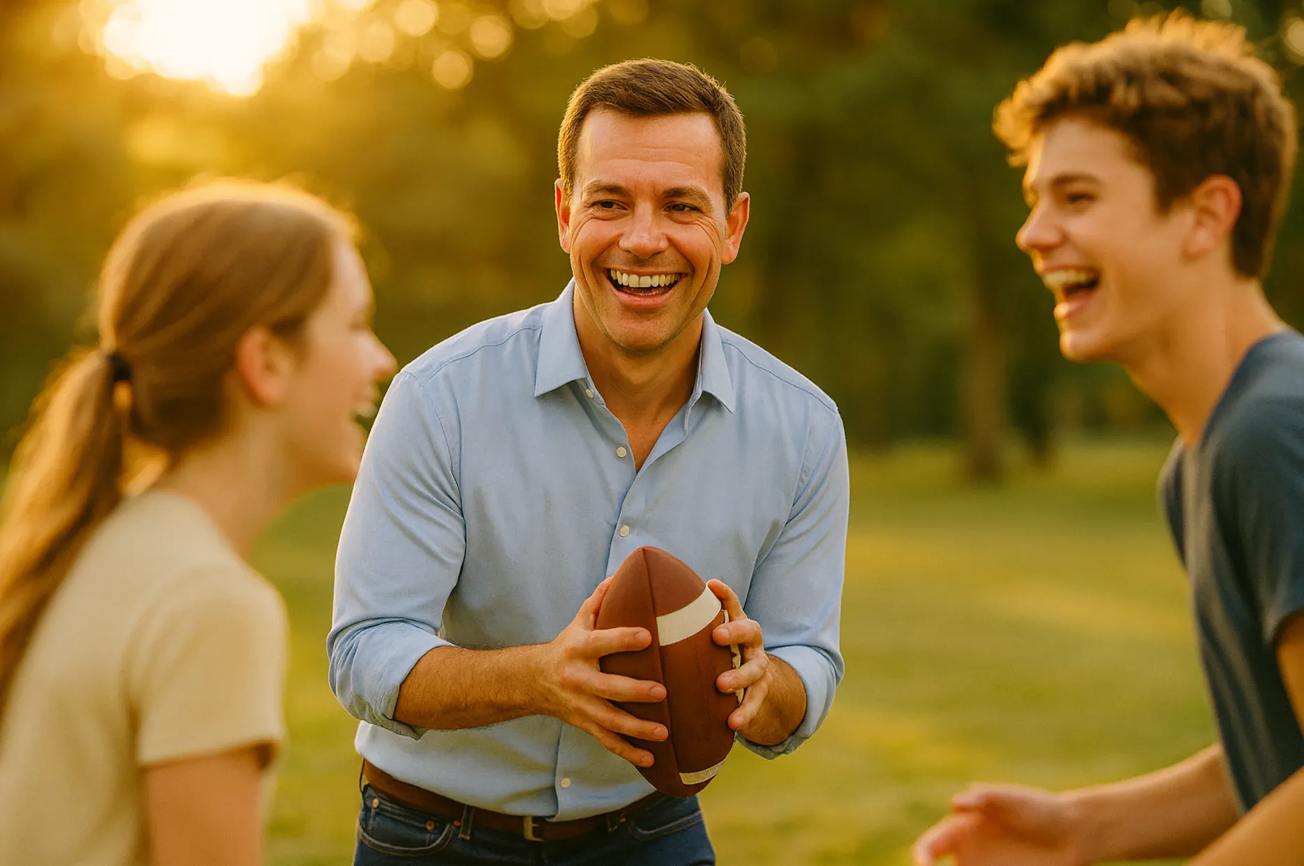 Healthy father playing with children in park