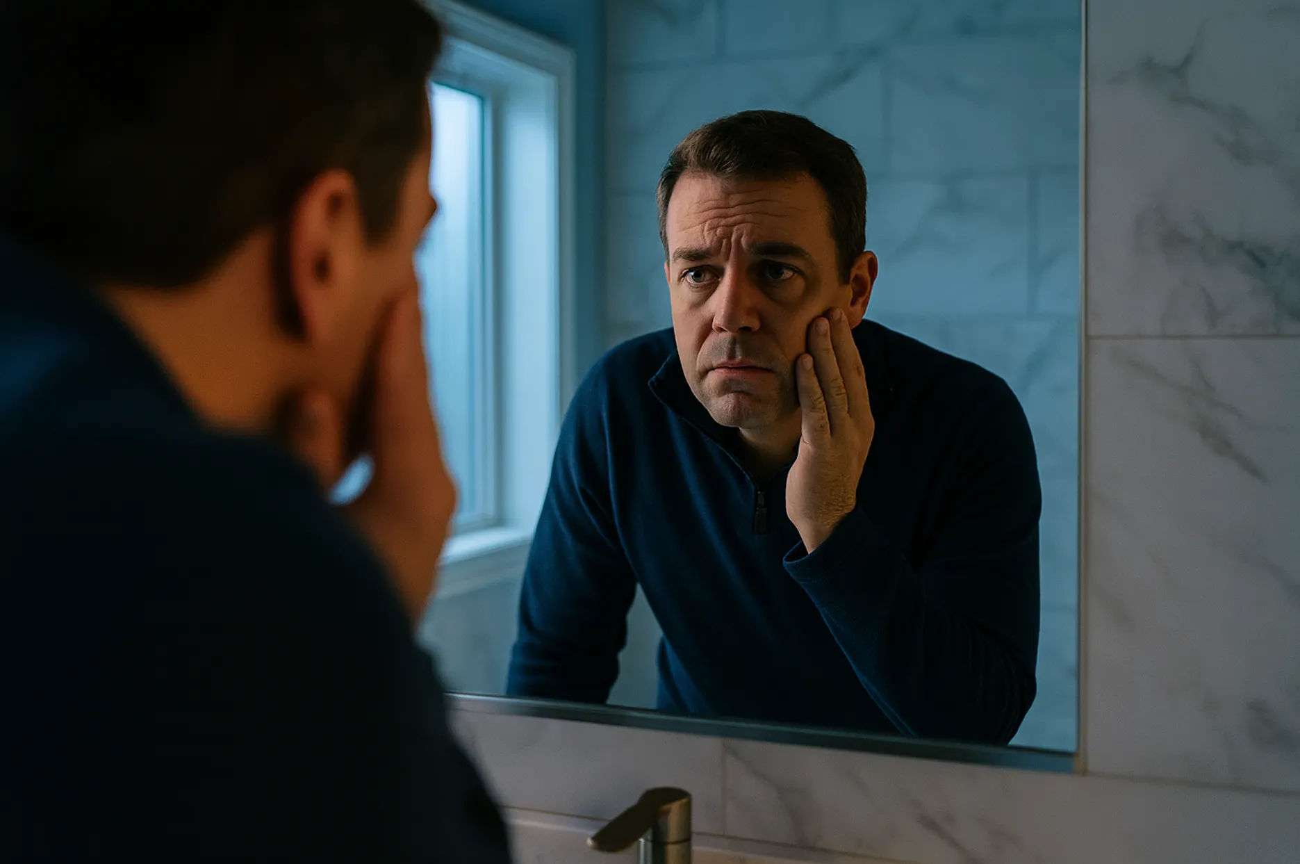 Man examining himself in mirror with concern