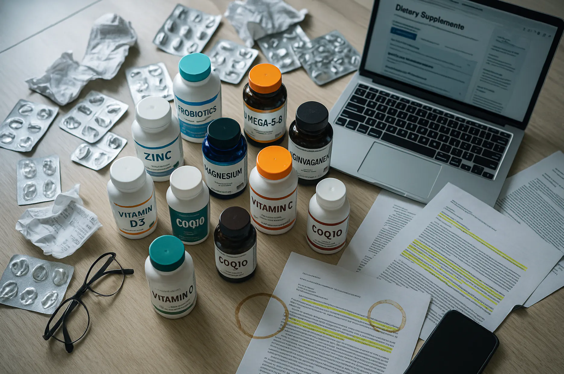 Desk covered with various supplement bottles and research