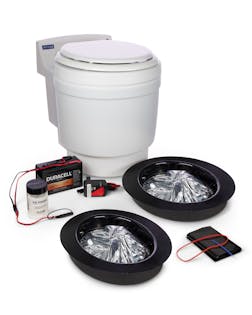 Studio group photo of portable toilet showing shape and features, photographed at VERAS Studio Brisbane