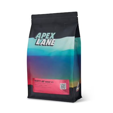 Single coffee package photographed at an angle in a Brisbane studio, highlighting the packaging design and texture