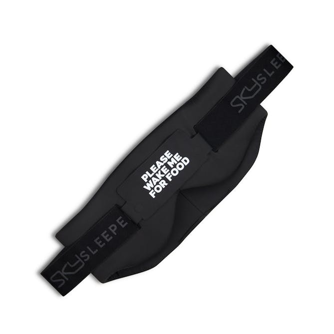 Top view of a sleeping mask photographed in a Brisbane studio, highlighting shape, stitching, and material details