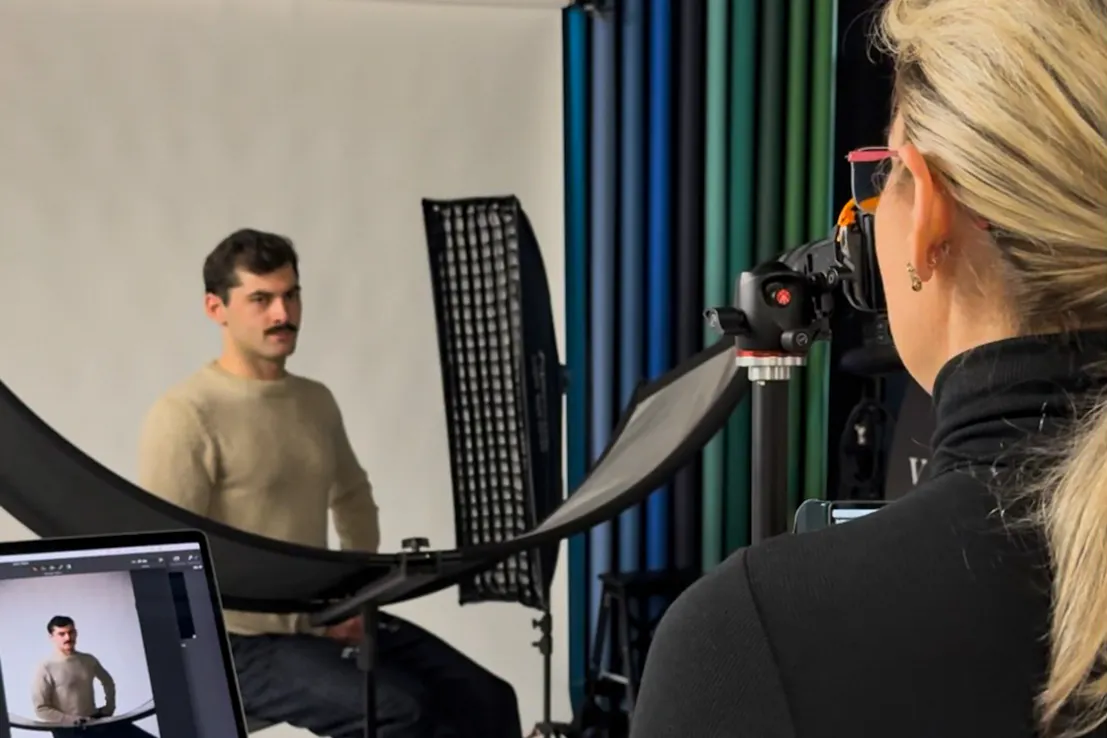 Behind the scenes of a professional acting headshot session in Brisbane with photographer guiding actor through different emotional expressions.