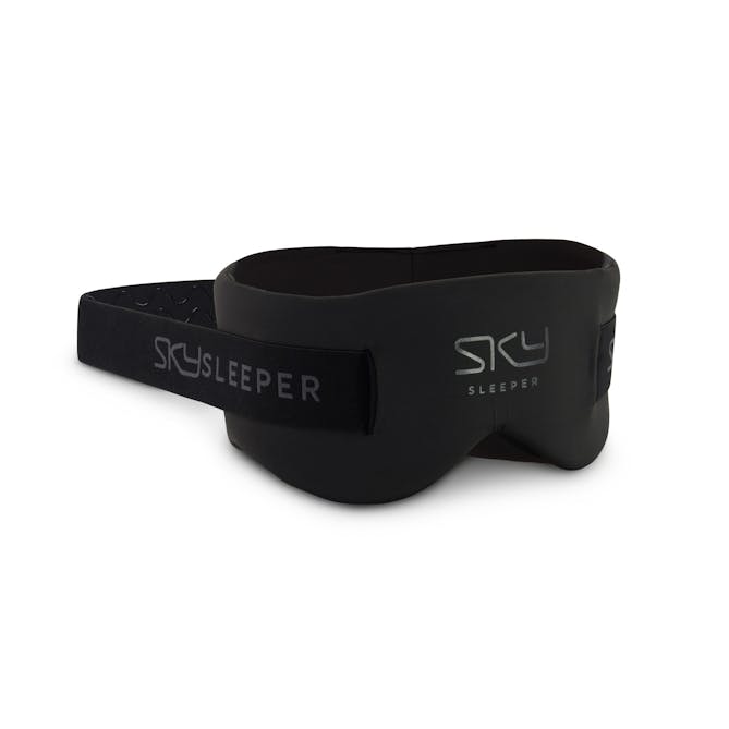 Side view of a sleeping mask photographed in a Brisbane studio, highlighting thickness, padding, and contour