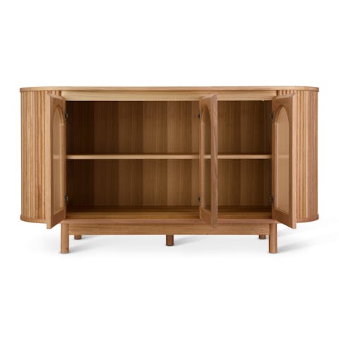 Cupboard with doors open showing shelves inside, photographed in Brisbane studio by VERAS Studio