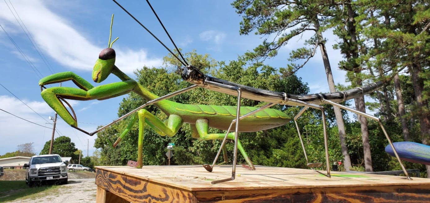 giant Praying Mantis and Walking Stick outdoor sculptures