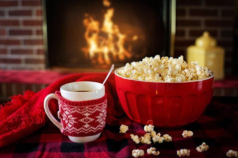 fireplace with fire and popcorn