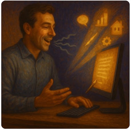 man speaking to self-writing Internet